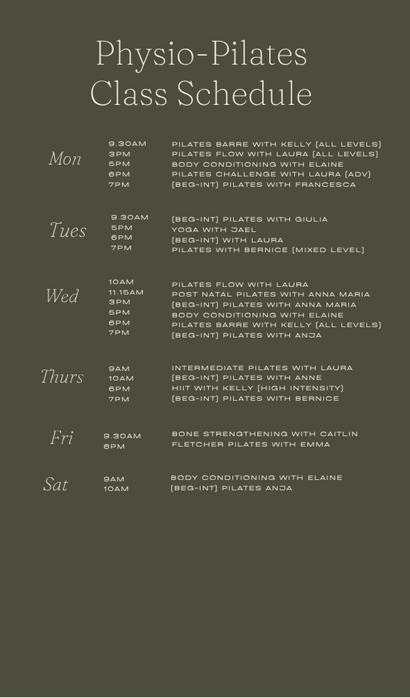 Pilates and Physio-Pilates Timetable